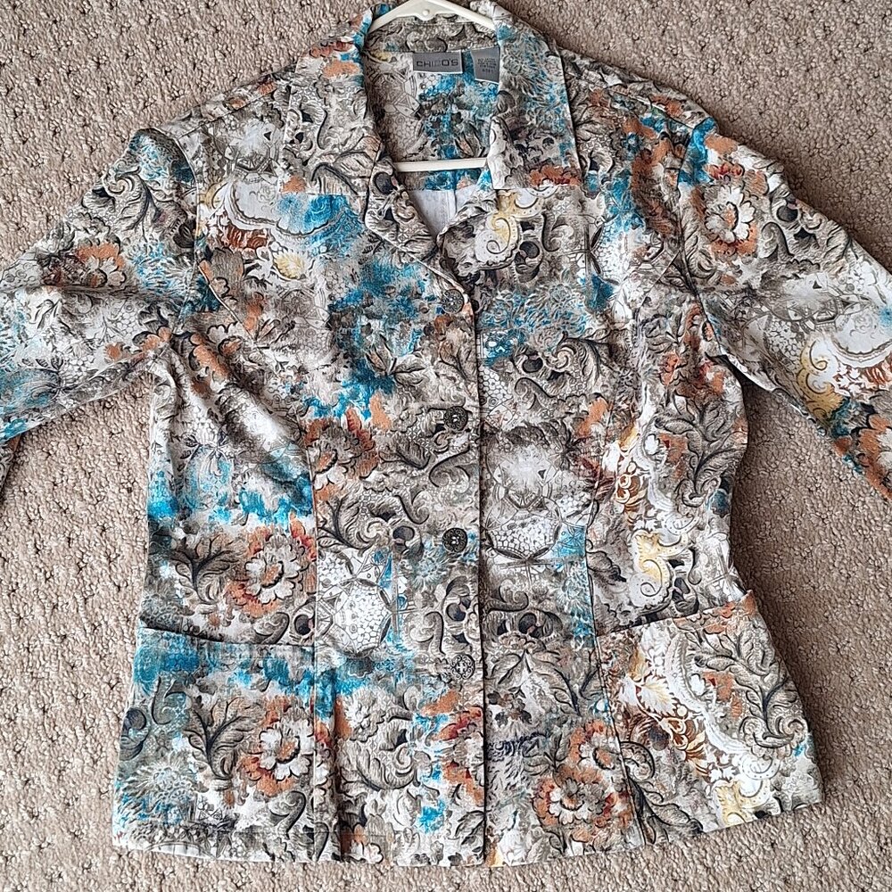 Chico’s Multicolor Floral Jacket Size 1 Boho Chic Cotton Button Blazer